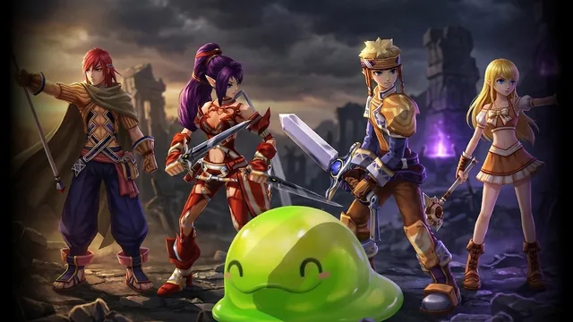 Four adventurers and a grinning green slime amid storm-lit ruins — key art