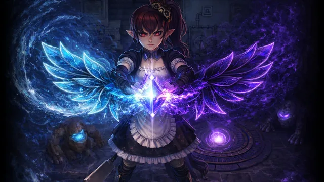 A dark-haired elf girl in a frilled apron dress conjuring wings of blue and violet light — key art